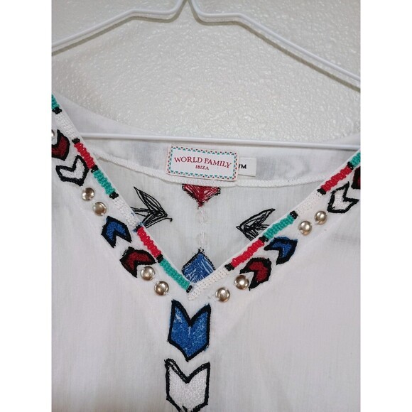 World Family Ibiza White Feather-Embroidered Beaded Tunic / Kaftan – Boho Dress - Picture 7 of 11